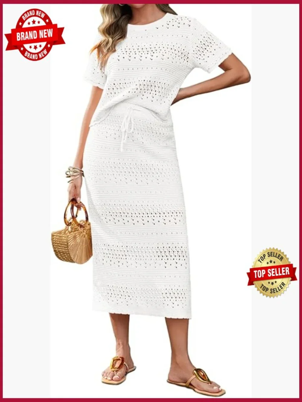 Crochet Cover Up 2 Piece Skirt Set - Knit Top Midi Skirt Vacation Travel Outfits